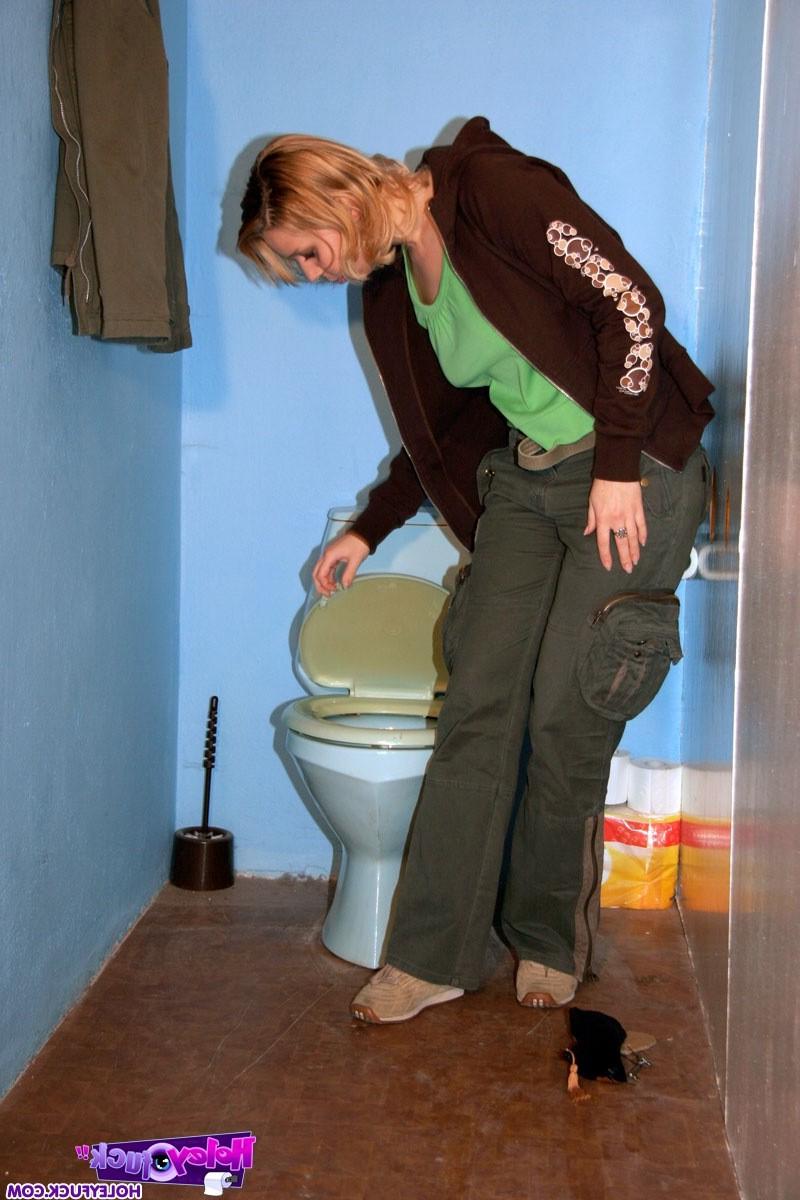 14P Dirty blonde girl enjoys strange cock in the public toilet