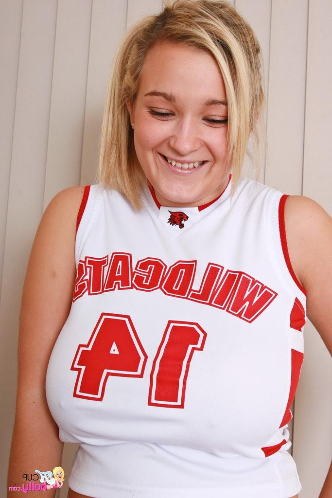 15P Holly dressed as a sexy cheerleader gets out her massive boobs
