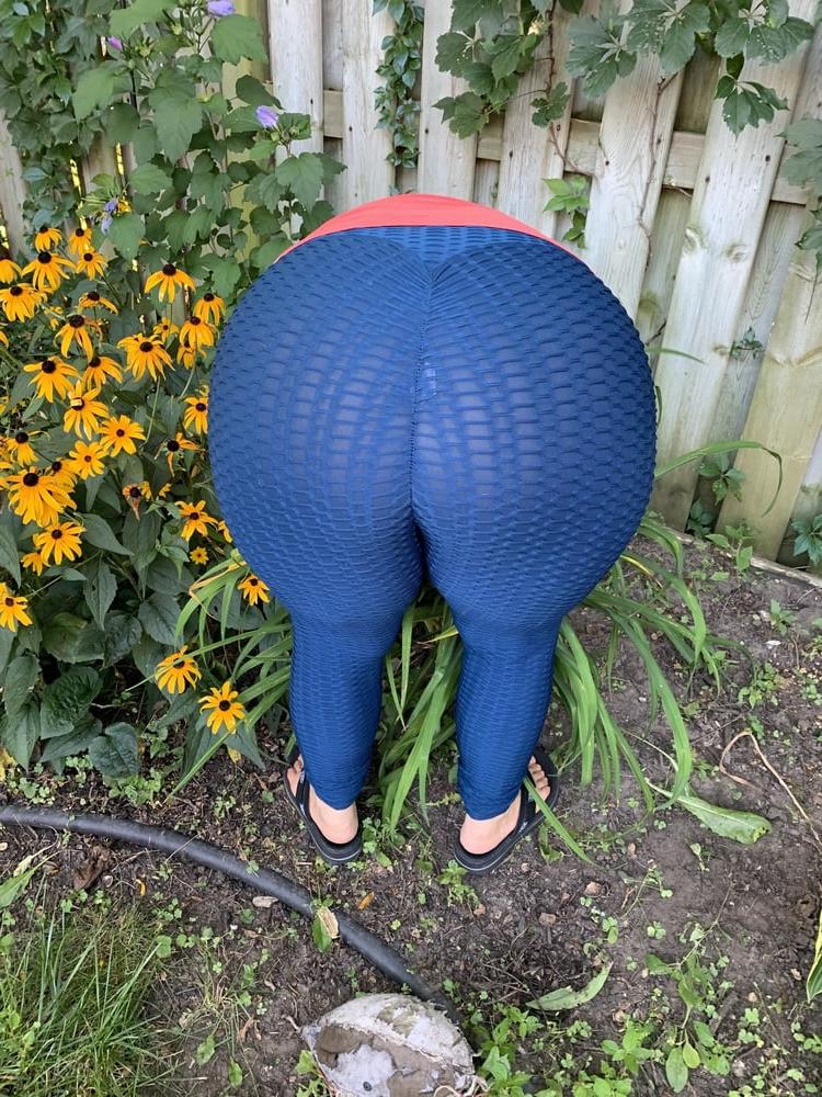 7P Wife gardening in her see through pants....no panties.