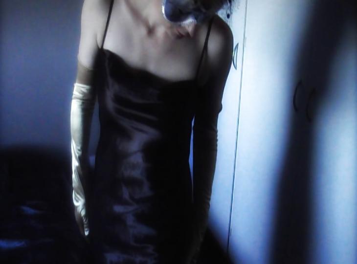 25P Silky black satin gown, gold satin gloves