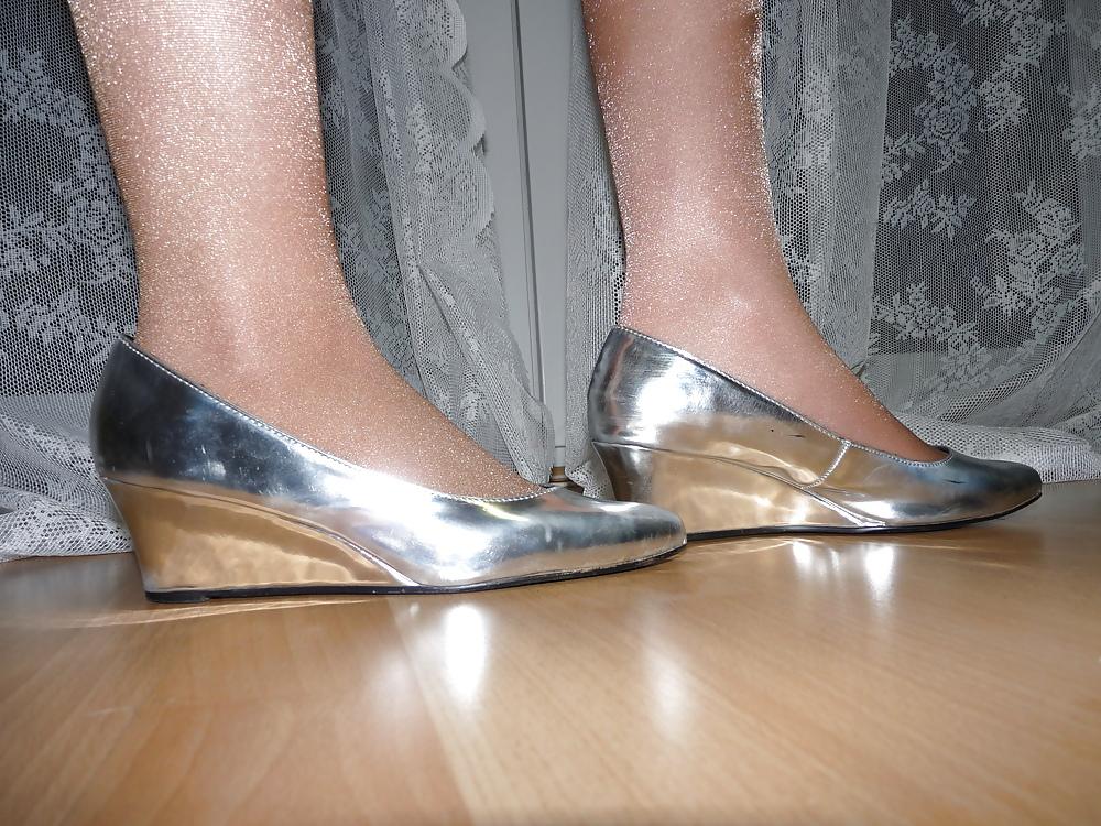 8P Wifes silver wedges heels shoes flats ballerinas feet 