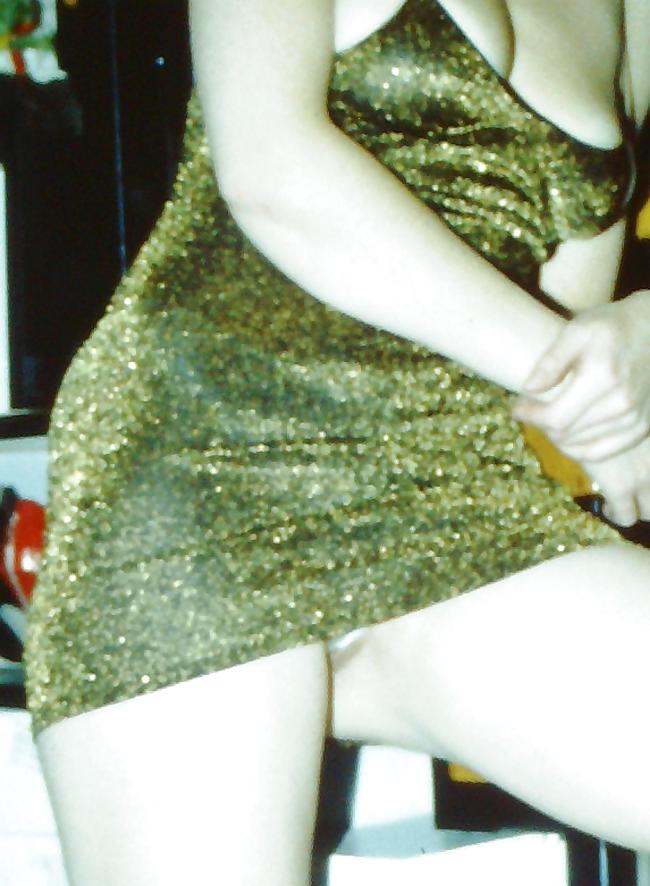 15P SAG - Young Bitch's Tits In Gold Spaghetti Straps Dress 02