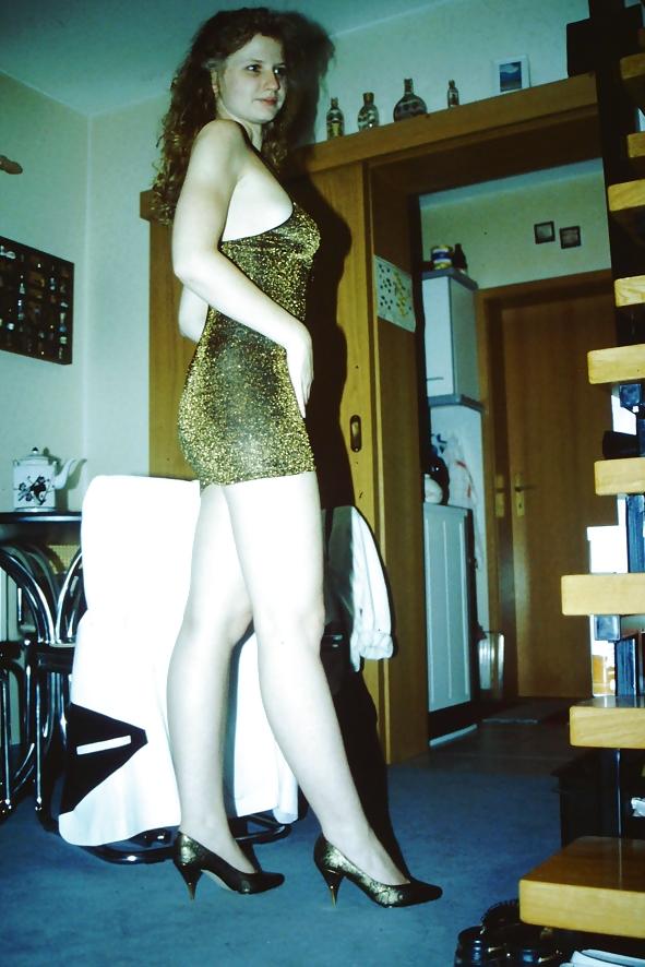 15P SAG - Young Bitch's Tits In Gold Spaghetti Straps Dress 02