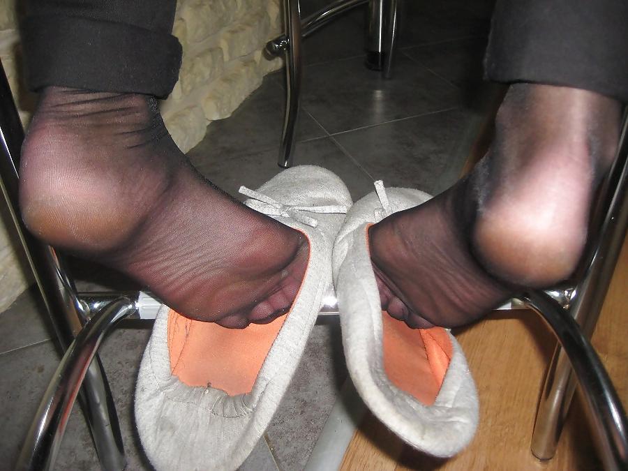 11P Fragrant wife's feet in black tights and slippers