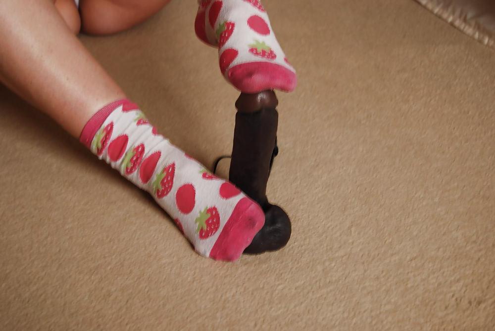 14P Sexy feet again in socks with dildo footjob 