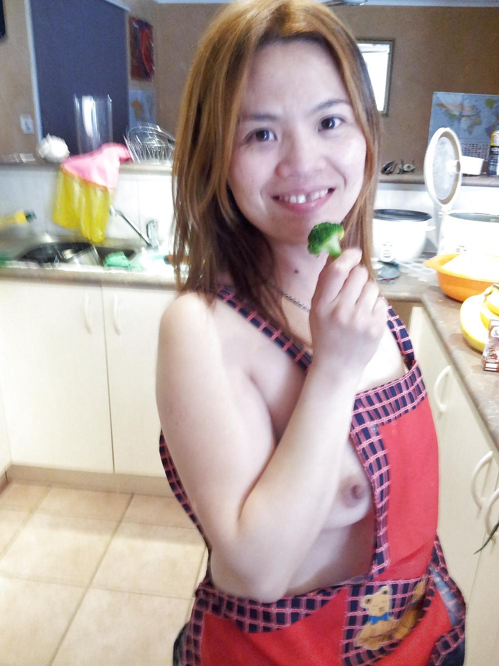 5P Chinese wife posing in kitchen