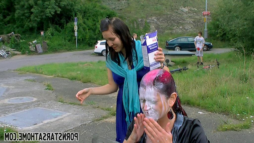 16P Stunning fetish babes having some wet fun in public place