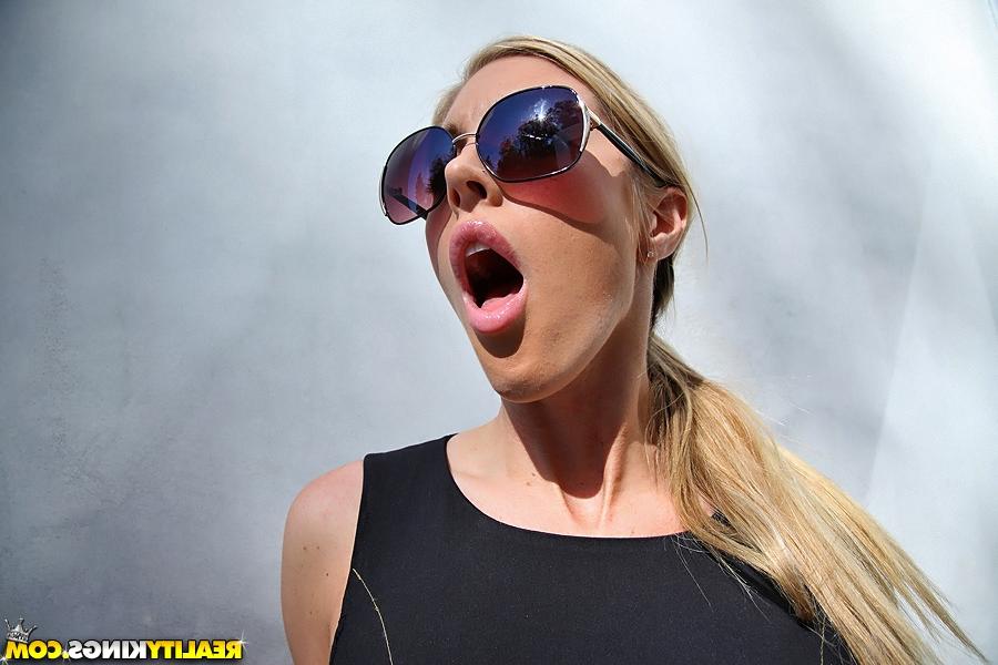 16P Ravishing blonde babe Samantha Saint posing fully clothed and doing upskirt