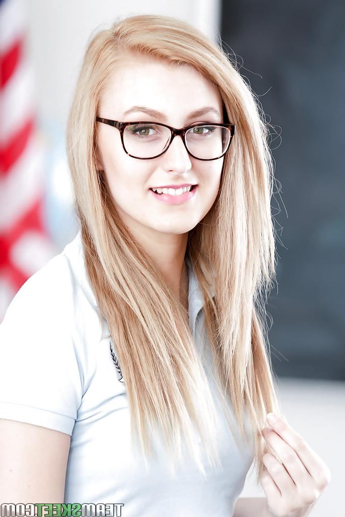 16P Nerdy blonde schoolgirl Alexa Grace flashing panties underneath skirt