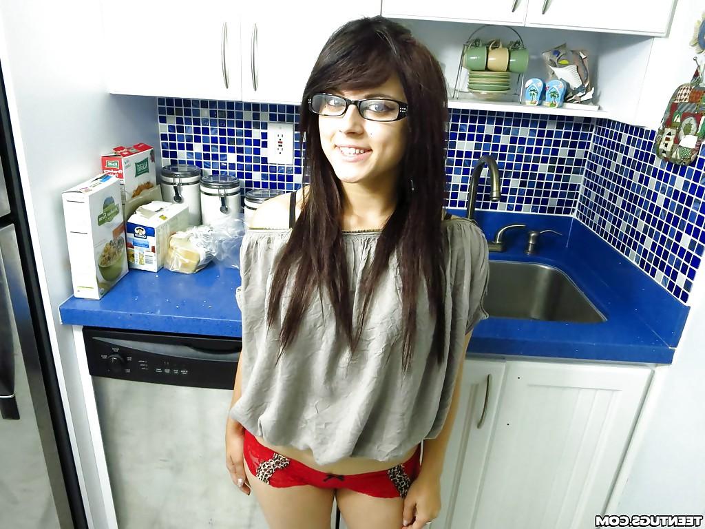 16P Smiley teenage fox in glasses slowly uncovering her seductive curves