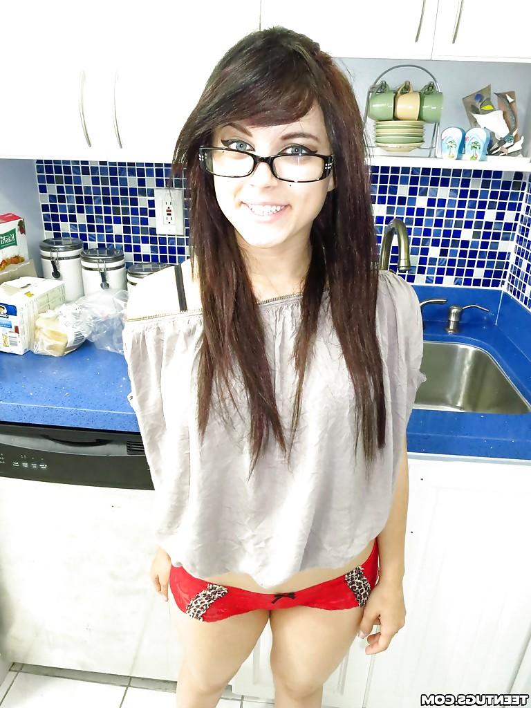 16P Smiley teenage fox in glasses slowly uncovering her seductive curves