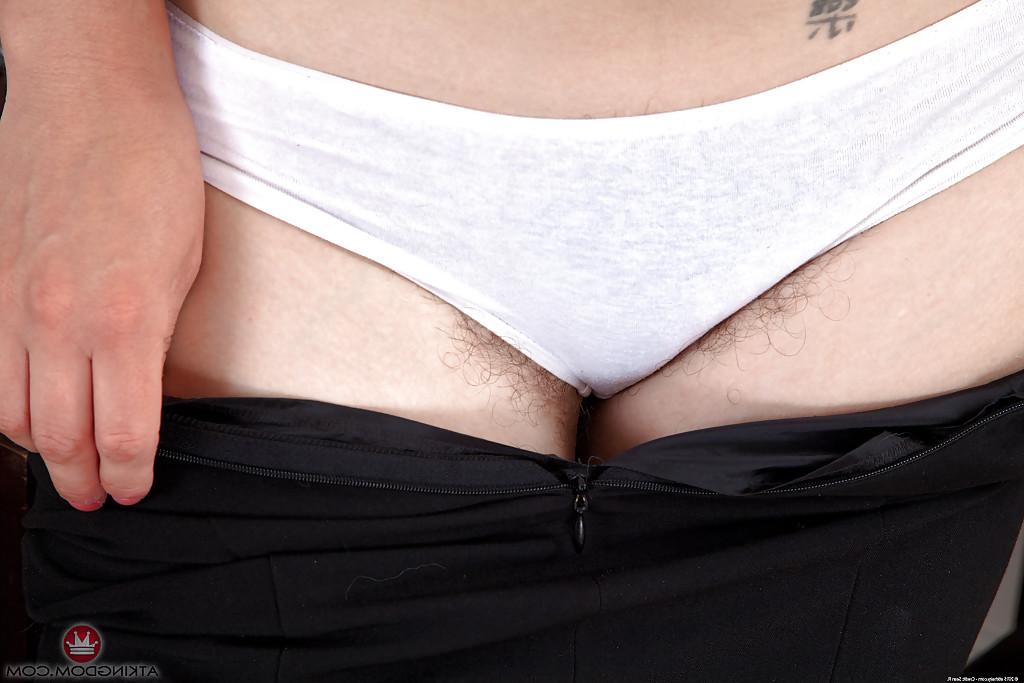 16P Glasses wearing office worker revealing tattoos and hairy cunt