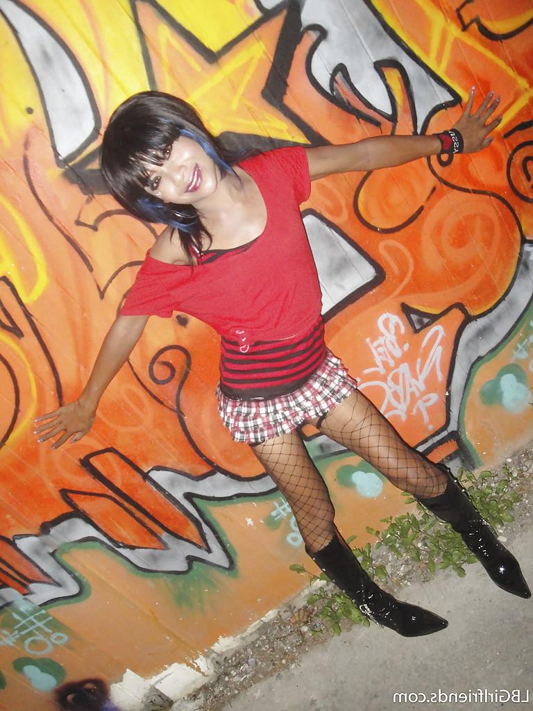 16P Cute Thai tranny teen Leena posing outdoors and getting really nasty