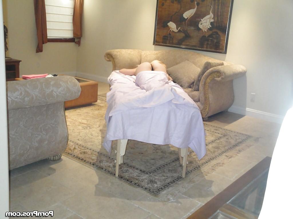 16P Beautiful blonde female Alyssa Branch stripping down to thong before massage