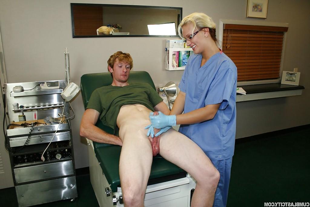 16P Slutty blonde babe in nurse uniform and glasses jerking off a big cock