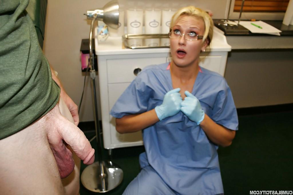 16P Slutty blonde babe in nurse uniform and glasses jerking off a big cock