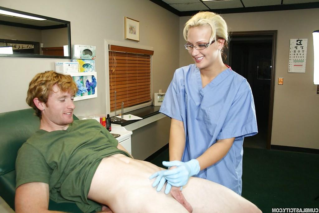 16P Slutty blonde babe in nurse uniform and glasses jerking off a big cock