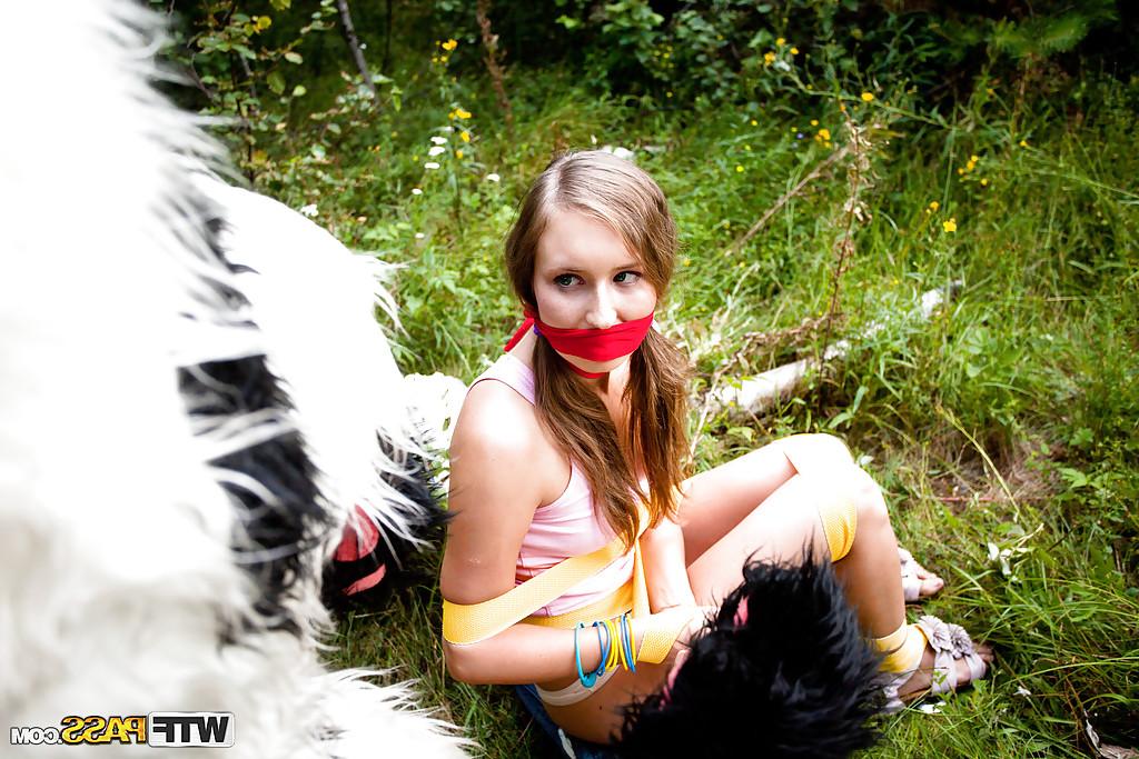 16P Kinky teen hottie gets her shaved cunt stretched by a big fake cock outdoor
