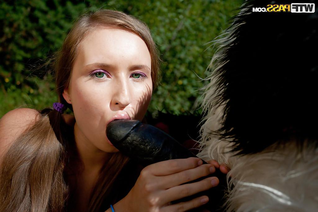16P Kinky teen hottie gets her shaved cunt stretched by a big fake cock outdoor