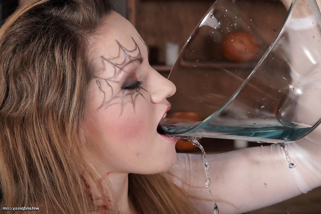 16P European teen solo girl drinks her own pee after pissing into bowl