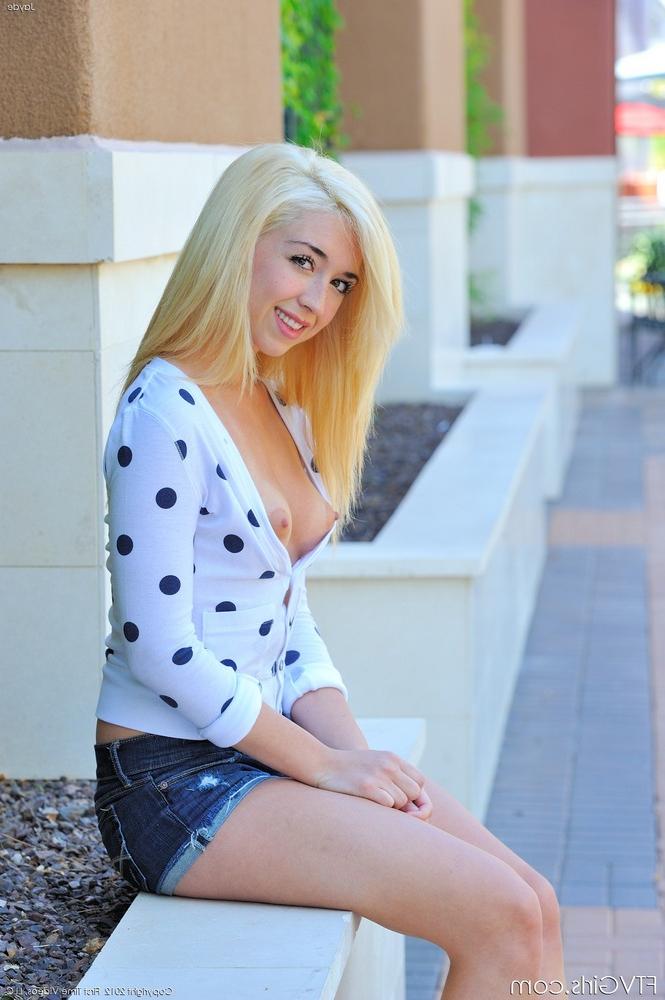 16P Hot young blonde with perky tits in shorts baring small round ass in public