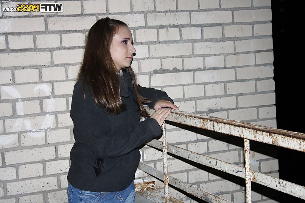 16P Slutty brunette in pantyhose gets fucked hardcore in public place