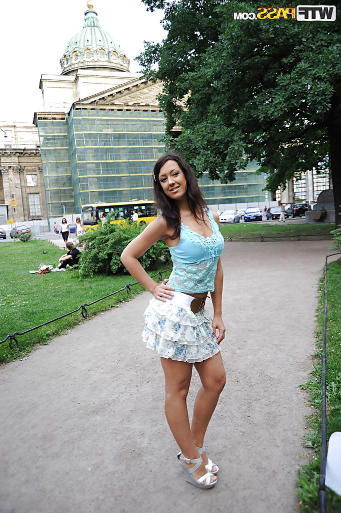 16P Foxy brunette babe in miniskirt flashing her tits in public place