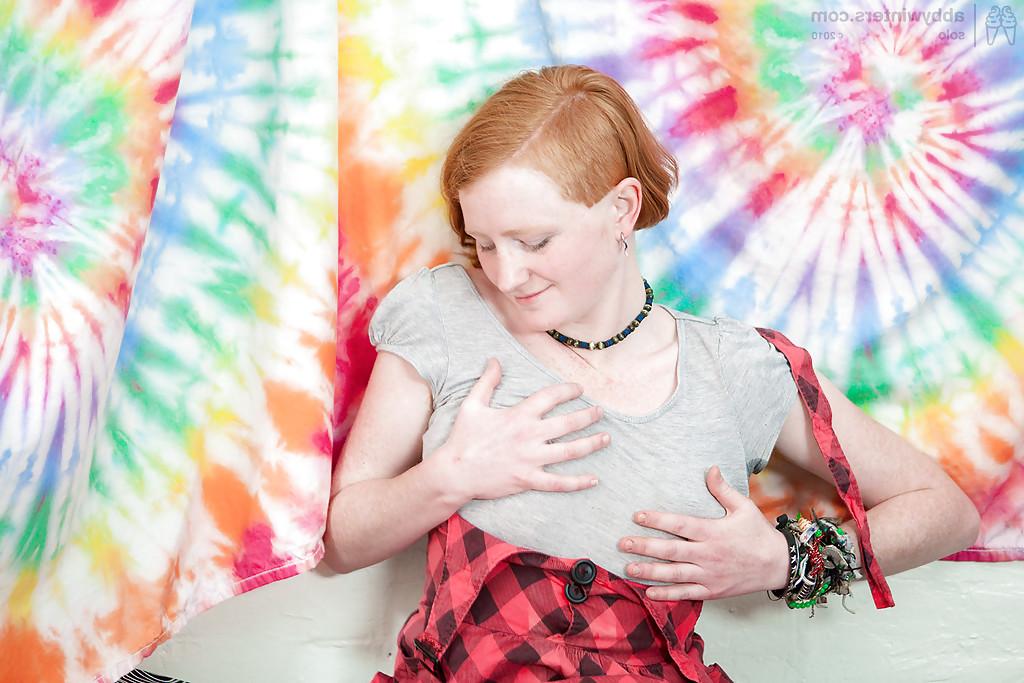 16P Redhead punk chick Isadora fondles all natural boobs and fingers hairy twat