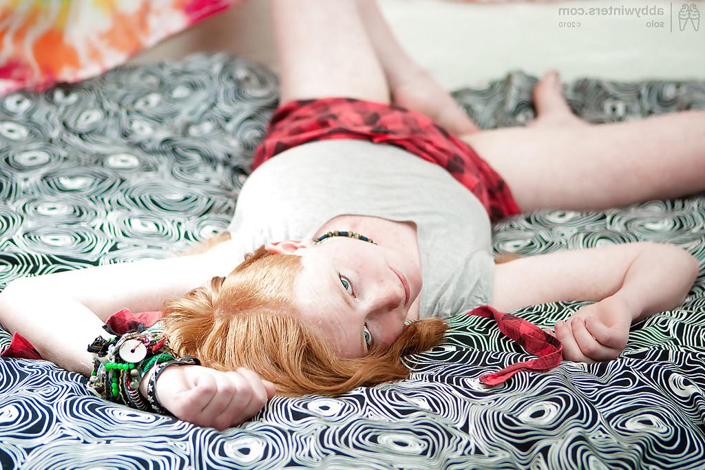 16P Redhead punk chick Isadora fondles all natural boobs and fingers hairy twat