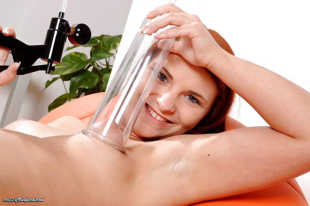 16P Redheaded Euro teen Cute using vacuum pump to stimulate tits and smooth pussy