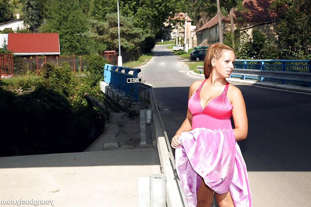 16P Chubby teen babe in pink dress Leila plays with her saggy tits