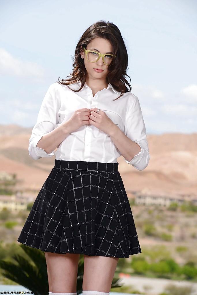 15P Schoolgirl brunette in sexy glasses Georgia Jones is spreading her legs
