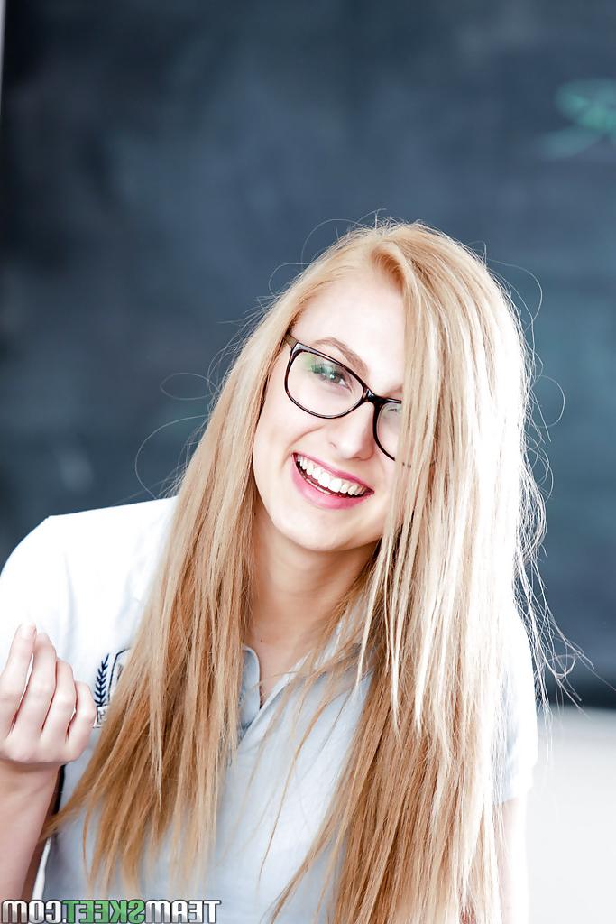 16P Young blonde nerd in glasses Alexa Grace posing in schoolgirl uniform