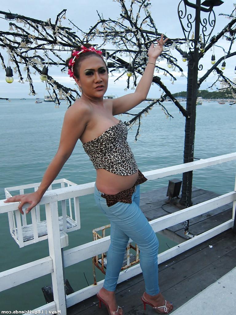 16P Big tit Asian tranny spreading her nasty ass and posing outdoors