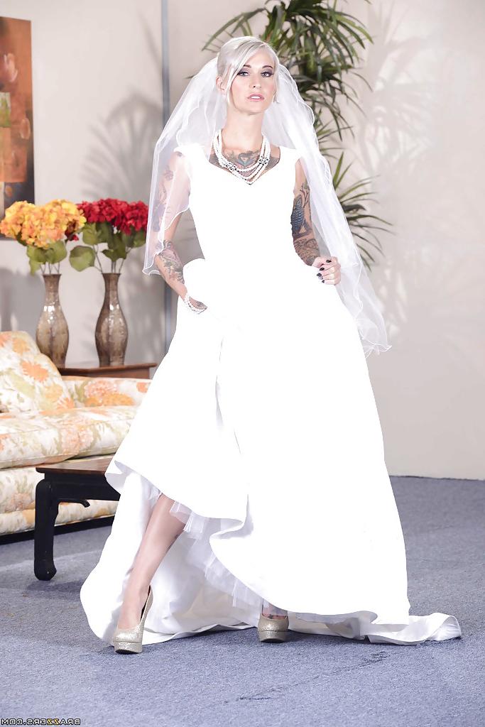 16P Stunning blonde bride in glamorous dress uncovering her tattooed curves