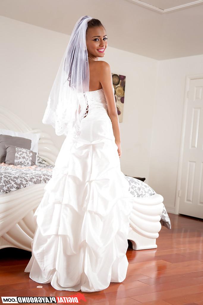 16P Teen bride Janice Griffith removing wedding dress before masturbating on bed
