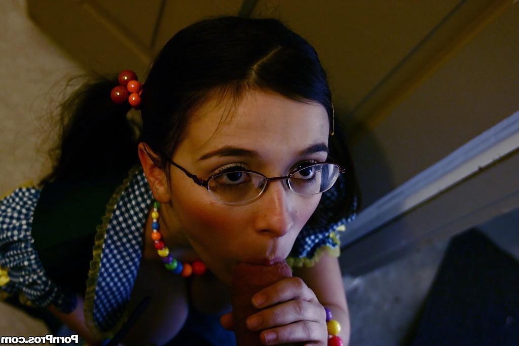16P Teen babe in glasses Angel Jay gives a titjob to an oldman