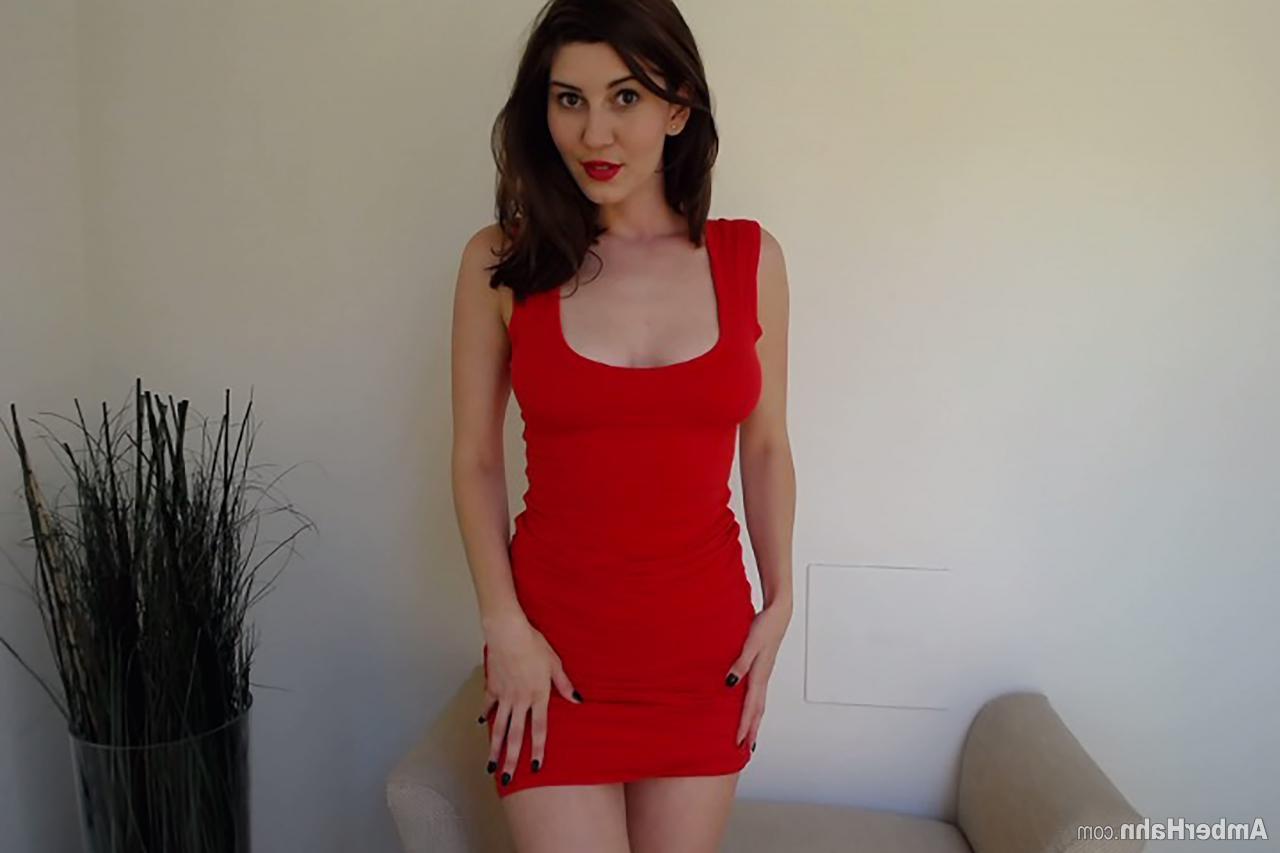 15P Brunette hottie Amber Hahn lifts her red dress to play with herself