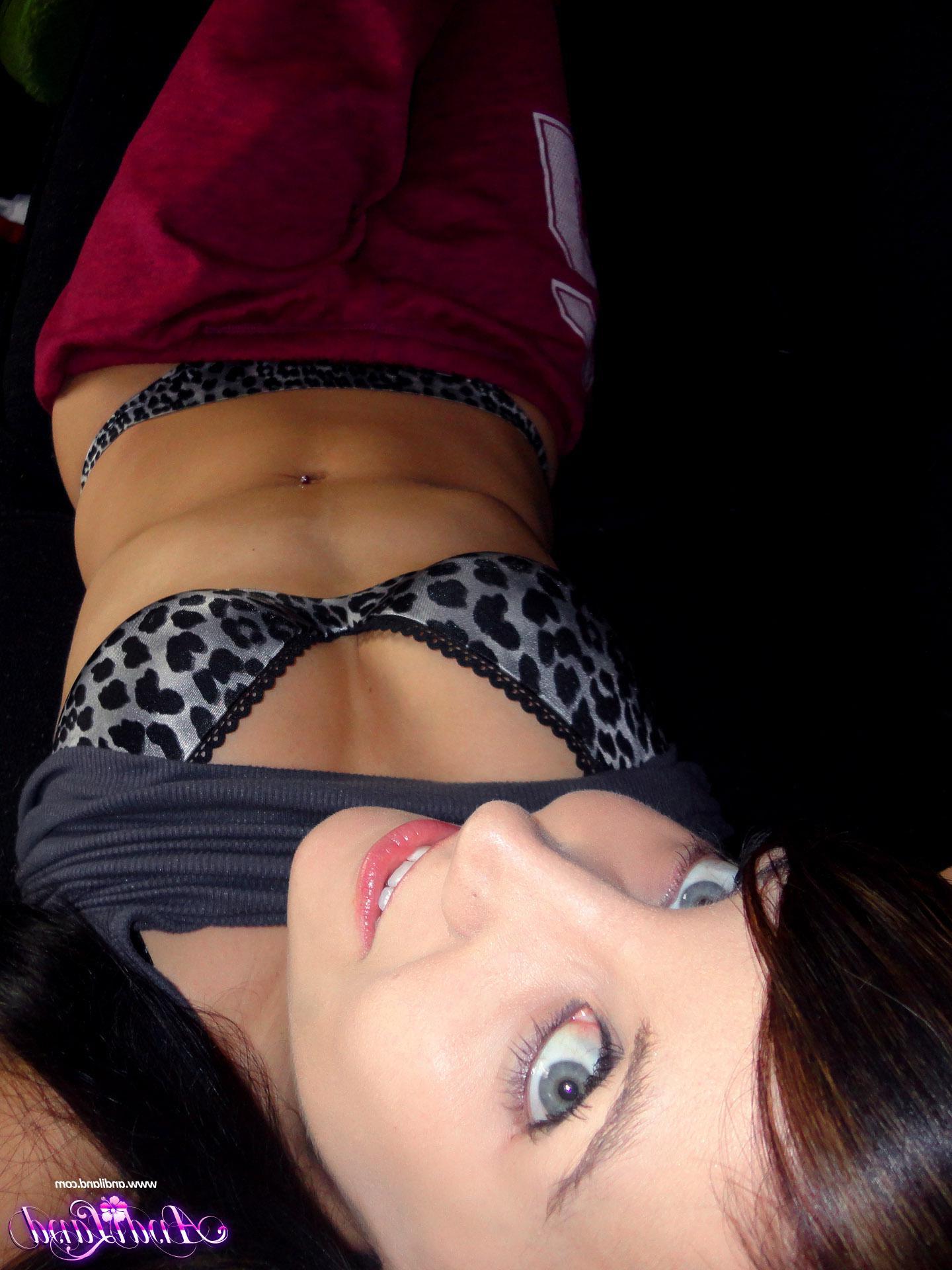 15P Teen hottie Andi Land pulls down her sweatpants to play with her panties