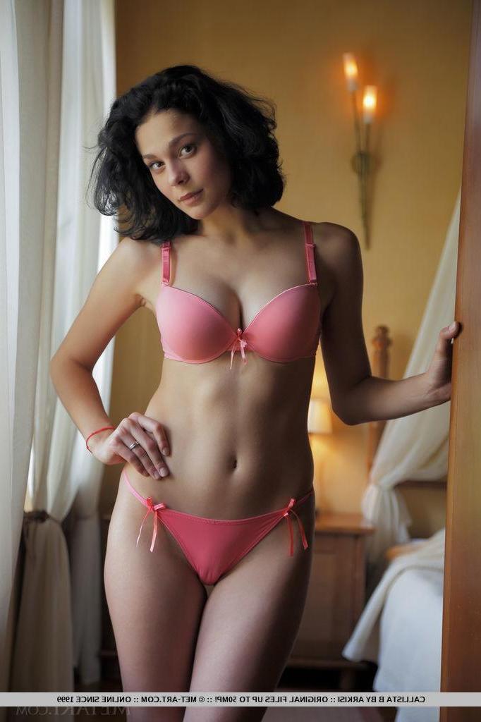 18P Brunette beauty Callista B strips and spreads for you in bed
