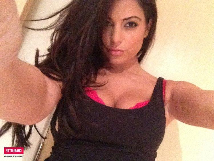 12P Charlotte strips from her tight top and red lingerie