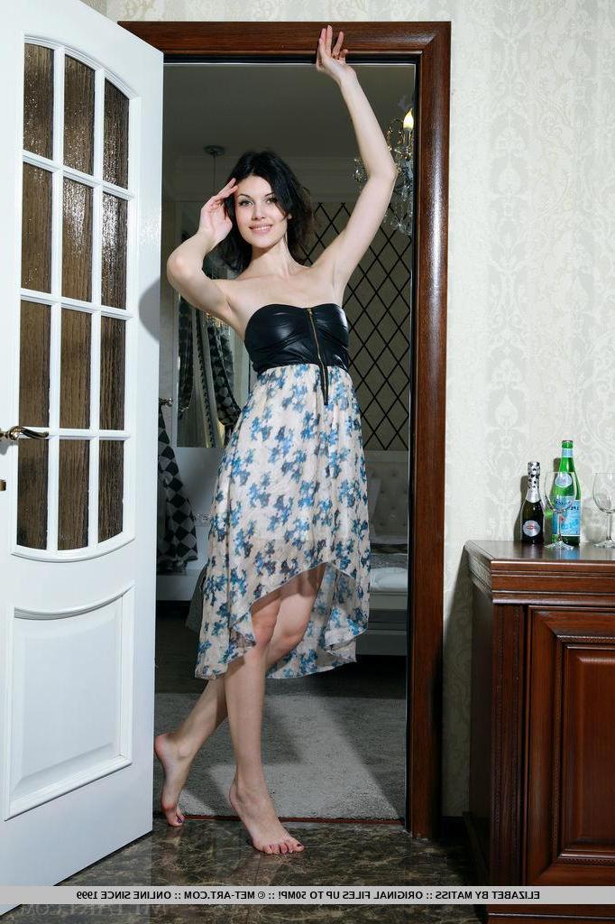18P Brunette teen Elizabet strips off her dress and shows you her tight pussy