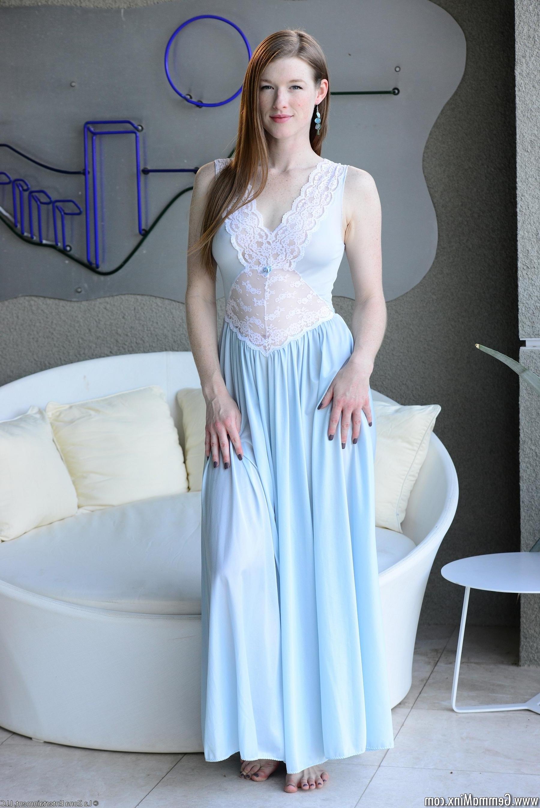 15P Gemma Minx looks like a princess in her flowing gown that she soon pulls up and starts to play with herself