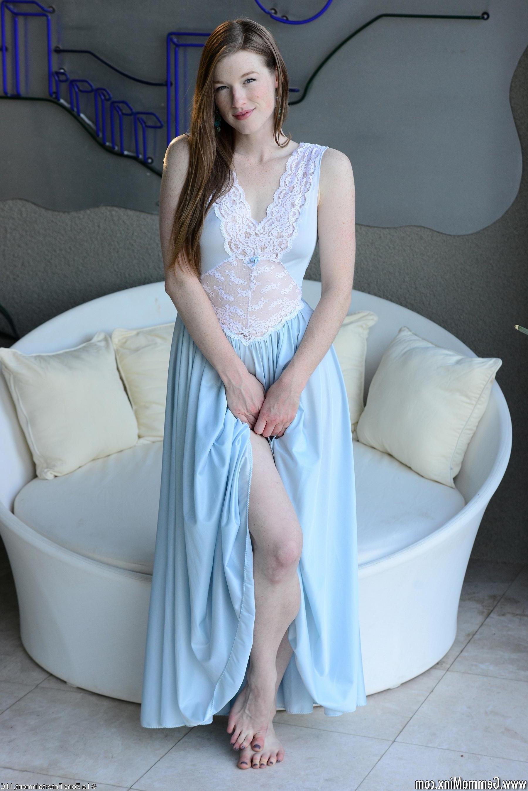 15P Gemma Minx looks like a princess in her flowing gown that she soon pulls up and starts to play with herself