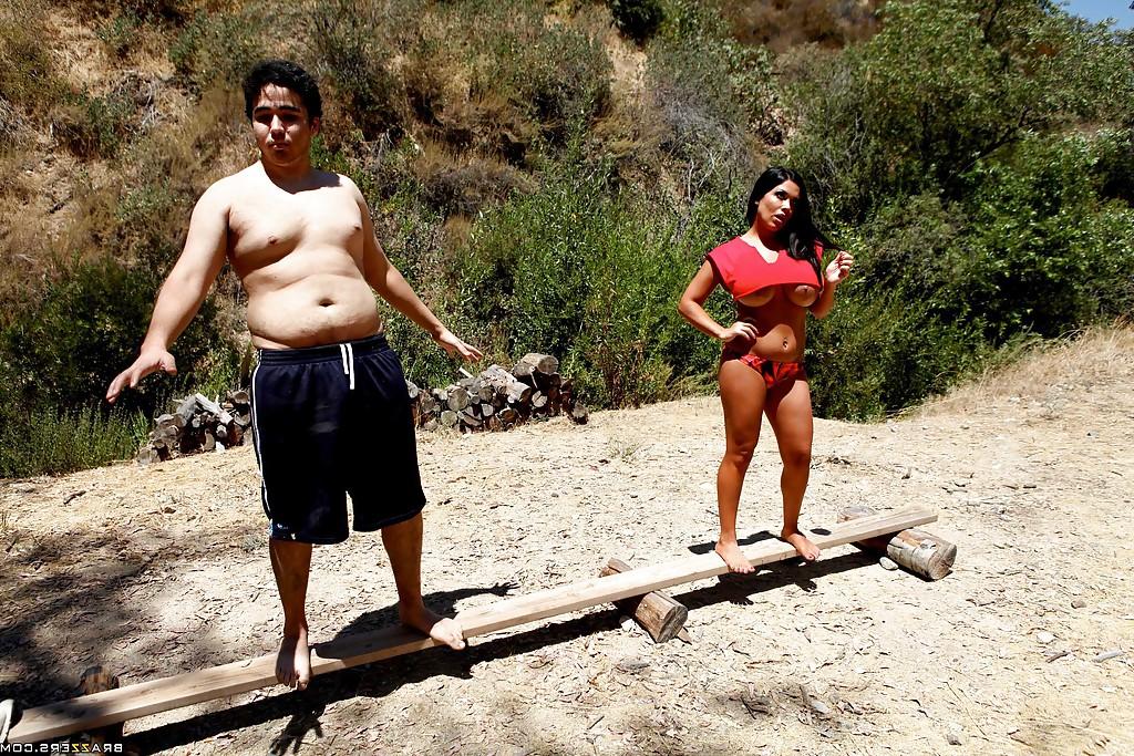 16P Busty babe Sienna West goes camping and scores fat dick in her cunt