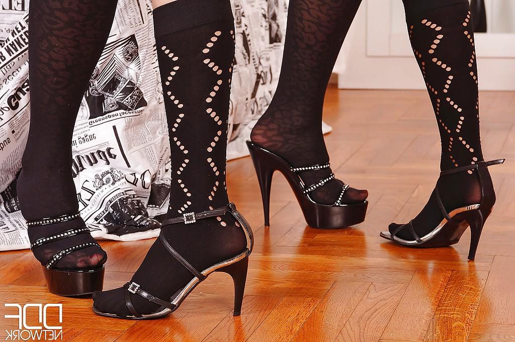 16P Leggy Euro dykes Tiffany Rousso and Victoria Swinger lick sock clad feet