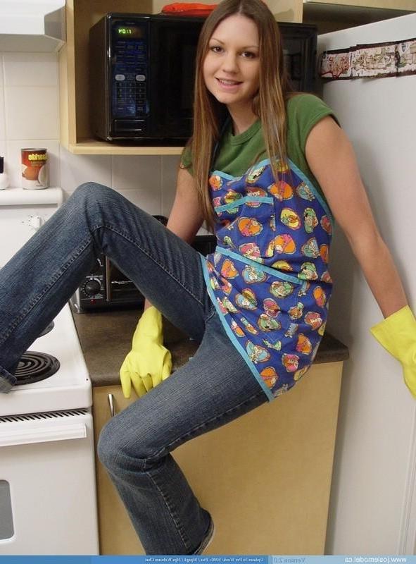 15P Josie model in the kitchen with rubber gloves and socks