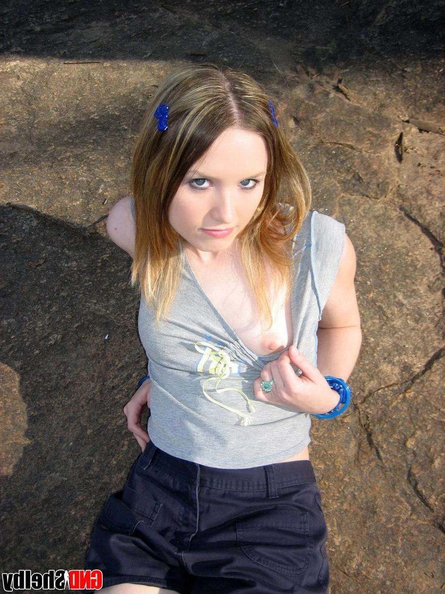 12P Cute teen Shelby flashes her perky tit while at the park down by the creek