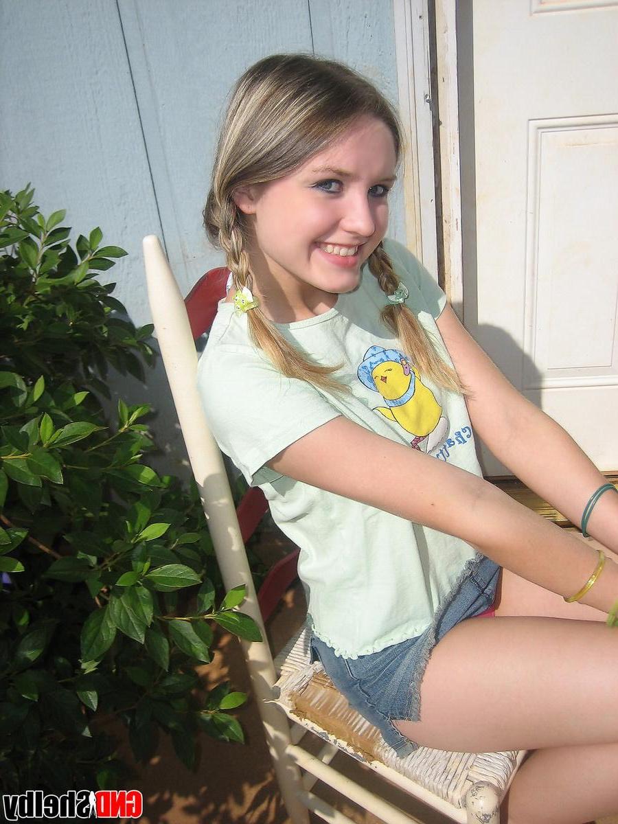 12P Cute teenage babe Shelby takes a smoke break and flashes us her perky tits