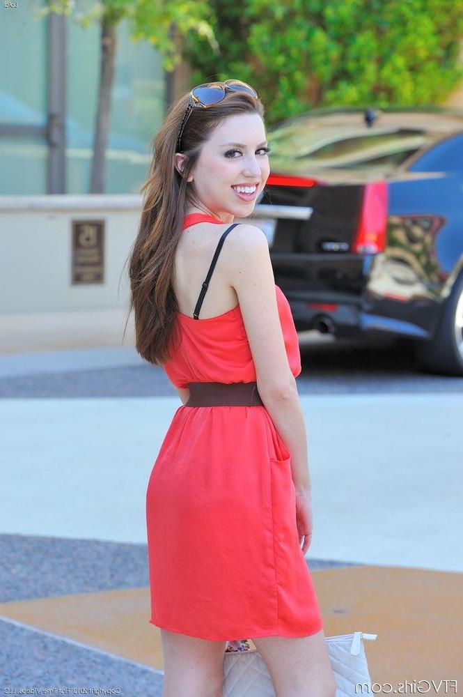 16P Pictures of hot teen girl Lola playing in a red dress